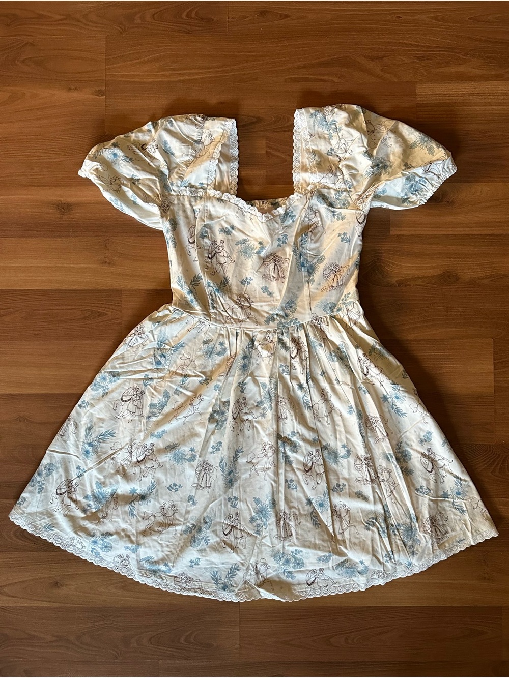 Disney Cream and Light Blue Floral Puff-Sleeve Midi Dress